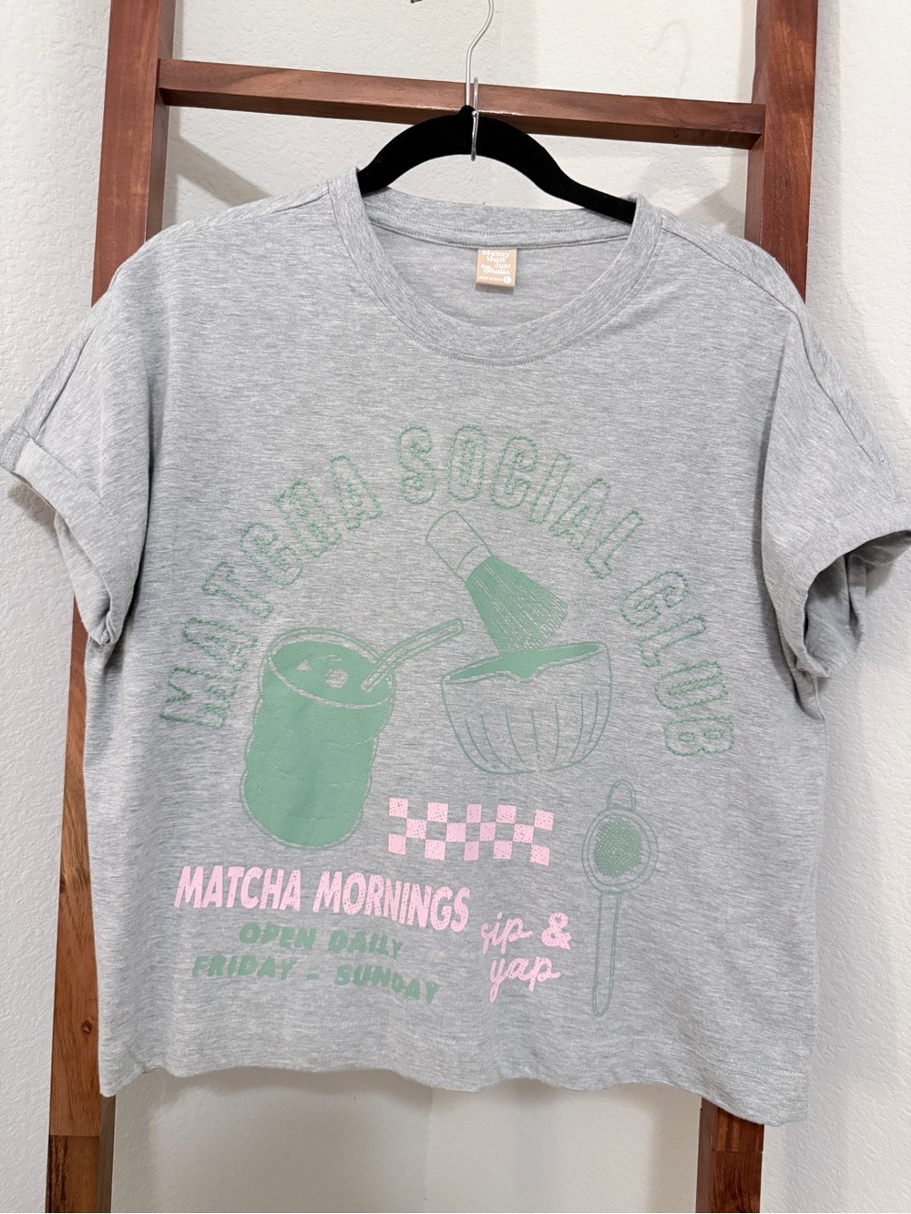Matcha Social Club Women's Gray Boxy Graphic Tee Embroidered Size L